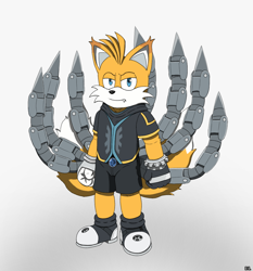 Size: 1120x1200 | Tagged: safe, artist:doomlazy27, miles "tails" prower, nine, sonic prime, 2024, frown, gradient background, lidded eyes, looking at viewer, signature, solo, standing