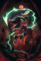 Size: 1372x2048 | Tagged: safe, artist:spacecolonie, black doom, shadow the hedgehog, sonic x shadow generations, 2024, abstract background, city, doom's eye, duo, looking at viewer, mid-air, road sign, stop sign