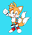 Size: 1280x1401 | Tagged: safe, artist:smaiisart, miles "tails" prower, blue background, classic tails, clenched fists, looking at viewer, mouth open, open smile, simple background, smile, smiling at viewer, solo, standing
