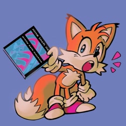 Size: 1236x1236 | Tagged: safe, artist:maelwife, miles "tails" prower, :o, bending over, blue background, cd case, cute, ear fluff, eyelashes, holding something, looking at viewer, mouth open, nin, simple background, solo, standing