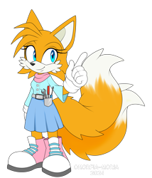 Size: 2565x3000 | Tagged: safe, artist:omorfia-moria, miles "tails" prower, fox, 2024, belt, blue eyes, button-up shirt, clothes, female, gloves, looking offscreen, pink shoes, pointing, scarf, screwdriver, shirt, shoes, skirt, smile, solo, standing, trans female, trans girl tails, transgender, white fur, wrench, yellow fur