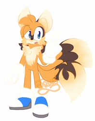 Size: 4703x5972 | Tagged: safe, artist:jeppers0n2005, miles "tails" prower, 2023, blue shoes, brown fur, eye clipping through hair, looking at viewer, mouth open, orange fur, pointing, redesign, signature, simple background, smile, solo, standing, white background