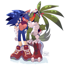 Size: 4500x4500 | Tagged: safe, artist:pastelmangos, jet the hawk, sonic the hedgehog, 2024, alternate version, arm around shoulders, blushing, boom outfit, cute, duo, eyes closed, gay, jetabetes, shadow (lighting), shipping, signature, smile, sonabetes, sonjet, standing, top surgery scars, trans boy sonic, trans male, transgender