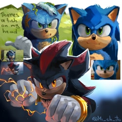 Size: 2000x2000 | Tagged: safe, artist:mi_ch_ito, shadow the hedgehog, sonic the hedgehog, sonic the hedgehog (2020), sonic the hedgehog 3 (film), clenched fists, duo, electricity, english text, fish, glowing eyes, redraw, reference inset, wet