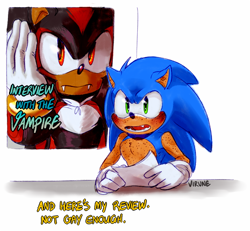 Size: 650x600 | Tagged: safe, artist:virune, shadow the hedgehog, sonic the hedgehog, blushing, dialogue, english text, fangs, freckles, gay, holding something, interview with the vampire, meme, mouth open, not gay enough, paper, shadow x sonic, shipping, signature, simple background, sitting, solo, vampire, white background