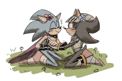 Size: 1280x851 | Tagged: safe, artist:ffc1cb, shadow the hedgehog, sonic the hedgehog, sonic and the black knight, blushing, cape, cute, duo, eyes closed, flower, flower in ear, gay, grass, holding hands, king arthur, kneeling, knight armor, looking at them, shadow x sonic, shadowbetes, shipping, simple background, sir lancelot, sitting, smile, sonabetes, white background