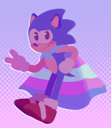 Size: 576x663 | Tagged: safe, artist:dreamgirlz, sonic the hedgehog, abstract background, blushing, cape, cute, hand on hip, looking at viewer, pride, smile, solo, sonabetes, standing, trans male, trans pride, transgender, v sign