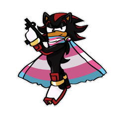 Size: 900x827 | Tagged: safe, artist:farlookout, shadow the hedgehog, cape, cute, gun, holding something, lidded eyes, looking at viewer, outline, shadowbetes, simple background, smile, solo, standing, trans pride, transparent background