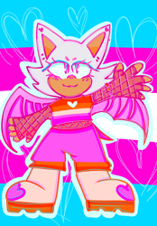 Size: 454x652 | Tagged: safe, artist:sonikyuu, rouge the bat, alternate outfit, cute, eyestrain, fishnets, heart, lesbian, lesbian pride, looking offscreen, outline, pride, pride flag background, rougabetes, smile, solo, trans female, trans pride, transgender, waving