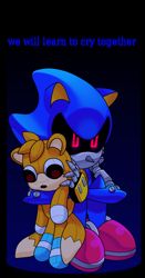 Size: 1580x3008 | Tagged: safe, artist:foolnamedjoey, metal sonic, tails doll, black sclera, duo, english text, gradient background, holding them, looking offscreen, robot, sitting