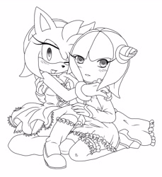 Size: 4714x5150 | Tagged: safe, artist:amortem-kun, amy rose, cosmo the seedrian, 2013, alternate outfit, amy x cosmo, blushing, dress, duo, holding each other, kneeling, lesbian, line art, looking at viewer, monochrome, shipping, simple background, sitting, smile, white background, wink