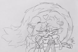 Size: 2048x1360 | Tagged: safe, artist:sonicrelated, tangle the lemur, whisper the wolf, 2023, blushing, cute, eyes closed, heart, holding each other, hugging, lesbian, line art, monochrome, mouth open, pencilwork, shipping, sitting, smile, tangabetes, tangle x whisper, traditional media, wagging tail, whispabetes