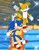 Size: 828x1067 | Tagged: safe, artist:samsonic, miles "tails" prower, sonic the hedgehog, fox, hedgehog, blue eyes, blue fur, duo, gloves, green eyes, male, orange fur, shoes, socks