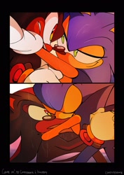 Size: 1449x2048 | Tagged: safe, artist:candyypirate, shadow the hedgehog, sonic the hedgehog, abstract background, alternate universe, au:game on (candyypirate), comic, daytime, duo, eyes closed, gay, holding each other, kiss, lidded eyes, looking at each other, outdoors, shadow x sonic, shipping, wet