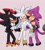 Size: 1240x1378 | Tagged: safe, artist:clouud_cat, espio the chameleon, shadow the hedgehog, silver the hedgehog, 2024, angry, argument, beige background, blushing, frown, gay, holding another's arm, holding them, jealously, looking at each other, love triangle, shadow x silver, shipping, signature, silvio, simple background, standing, sweatdrop, trio