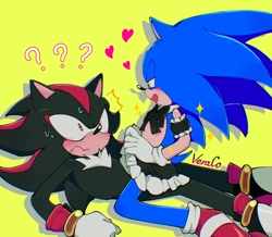 Size: 1108x968 | Tagged: safe, artist:hdveraco_111, shadow the hedgehog, sonic the hedgehog, 2024, blushing, duo, femboy, frown, gay, heart, kneeling, lidded eyes, looking at each other, lying down, maid outfit, shadow x sonic, shipping, shocked, shrunken pupils, signature, simple background, sitting on them, skirt lift, sparkles, sweater, yellow background