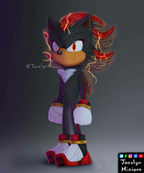 Size: 828x993 | Tagged: safe, artist:jocelynminions, shadow the hedgehog, hedgehog, sonic the hedgehog 3 (film), black fur, electricity, frown, gloves, glowing eyes, gradient background, looking at viewer, male, red eyes, red fur, shoes, solo