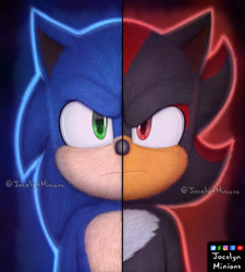Size: 848x942 | Tagged: safe, artist:jocelynminions, shadow the hedgehog, sonic the hedgehog, sonic the hedgehog 3 (film), duo, frown, two sides