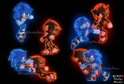 Size: 1087x735 | Tagged: safe, artist:jocelynminions, shadow the hedgehog, sonic the hedgehog, sonic the hedgehog 3 (film), duo, electricity, fight