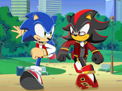 Size: 1034x773 | Tagged: safe, artist:hedgecatdragonix, shadow the hedgehog, sonic the hedgehog, hedgehog, black fur, blue fur, glasses, green eyes, jacket, male, red eyes, red fur, shirt, shoes, socks