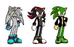 Size: 800x514 | Tagged: safe, artist:rockin-neko-flower, scourge the hedgehog, oc, oc:sanctum the hedgehog, oc:steel the hedgehog, hedgehog, black fur, blue eyes, gloves, green fur, jacket, male, red eyes, red fur, shoes, yellow eyes