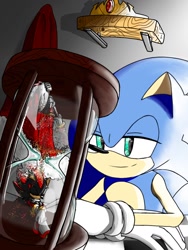 Size: 768x1024 | Tagged: safe, artist:ayol_7, shadow the hedgehog, sonic the hedgehog, sonic and the black knight, 2024, crown, hourglass, looking at them, self paradox, sir lancelot, trio