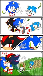 Size: 720x1280 | Tagged: safe, artist:ayol_7, shadow the hedgehog, sonic the hedgehog, sonic x shadow generations, 2024, carrying them, classic sonic, comic, gay, grass, korean text, scene interpretation, shadow x sonic, shipping, surprised, trio