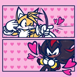 Size: 2048x2048 | Tagged: safe, artist:pinklapony_, miles "tails" prower, shadow the hedgehog, 2024, arrow (weapon), arrow through heart, blushing, bow (weapon), cute, duo, gay, heart, shadow x tails, shadowbetes, shipping, tailabetes