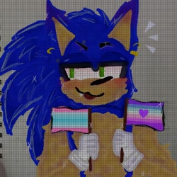 Size: 400x400 | Tagged: safe, artist:sonicsre, sonic the hedgehog, 2023, blushing, cheek fluff, cute, ear piercing, earring, flag, holding something, lidded eyes, looking offscreen, mouth open, one fang, pride, pride flag, smile, solo, t4t pride, traditional media, trans male, transgender, transmasc pride, transmasculine