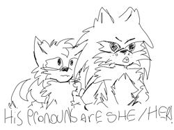 Size: 2048x1536 | Tagged: safe, artist:proudfreakmetarusonniku, miles "tails" prower, sonic the hedgehog, 2024, dialogue, duo, english text, frown, his pronouns are x, line art, looking offscreen, meme, mouth open, simple background, sketch, standing, trans female, trans girl tails, transgender, white background