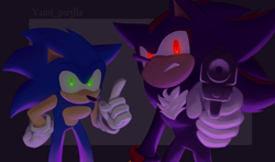 Size: 2048x1205 | Tagged: safe, artist:hotaru-h, shadow the hedgehog, sonic the hedgehog, clenched teeth, duo, frown, glowing eyes, gun, holding something, looking at viewer, pointing, pointing gun at viewer, smile, standing