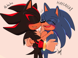 Size: 1600x1200 | Tagged: safe, artist:eloizystar, shadow the hedgehog, sonic the hedgehog, 2024, blushing, duo, eyes closed, gay, grey background, holding each other, laughing, shadow x sonic, shine, shipping, signature, simple background, smile, standing