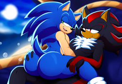 Size: 1856x1280 | Tagged: suggestive, ai art, artist:dreamup.ai, shadow the hedgehog, sonic the hedgehog, 2024, abstract background, bootyfull sonic, butt, butt grab, frown, gay, hand on thigh, lidded eyes, looking at them, looking offscreen, lying back, lying down, prompter:looksall, shadow x sonic, shipping, sitting, sitting on lap, smile