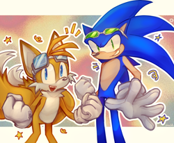 Size: 2730x2250 | Tagged: safe, artist:sherlido, miles "tails" prower, sonic the hedgehog, 2024, abstract background, clenched fist, clenched fists, duo, looking at viewer, outline, smile, sonic riders