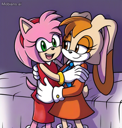 Size: 768x807 | Tagged: safe, ai art, artist:mobians.ai, amy rose, cream the rabbit, 2024, aged up, amream, bed, duo, holding each other, indoors, lesbian, lidded eyes, looking at them, looking at viewer, older, prompter:taeko, shipping, smile, standing