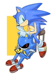 Size: 884x1242 | Tagged: safe, artist:goatt344, metal sonic, sonic the hedgehog, duo, hand on another's head, head rest, robot, simple background, sitting, stool, white background