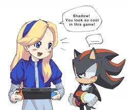 Size: 1418x1227 | Tagged: safe, artist:goatt344, maria robotnik, shadow the hedgehog, human, sonic x shadow generations, arms folded, blushing, duo, english text, holding something, maria x shadow, nintendo switch, shipping, simple background, speech bubble, straight, white background