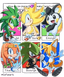 Size: 1707x2048 | Tagged: safe, artist:goatt344, jet the hawk, miles "tails" prower, scourge the hedgehog, sonic the hedgehog, super sonic, tikal, chaos emerald, character name, emolga, group, multiple drawing challenge, pokemon, super form