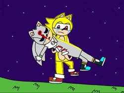 Size: 1500x1123 | Tagged: safe, silver the hedgehog, sonic the hedgehog, super sonic, angst, blood, nighttime, sonilver, super form, tears