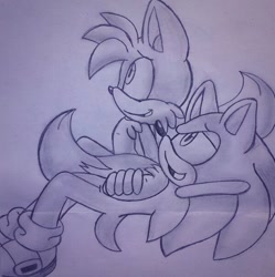 Size: 599x602 | Tagged: safe, artist:chilidogs742, miles "tails" prower, sonic the hedgehog, 2013, duo, gay, line art, looking offscreen, looking up, lying down, monochrome, shipping, sitting, smile, sonic x tails, traditional media