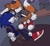Size: 2048x1884 | Tagged: safe, artist:thornsntails, miles "tails" prower, sonic the hedgehog, the murder of sonic the hedgehog, 2025, abstract background, age difference, chair, duo, gay, holding something, indoors, looking at each other, magnifying glass, one eye closed, shipping, sitting, sonic x tails, table