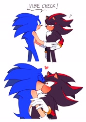 Size: 1450x2048 | Tagged: safe, artist:xio__023, shadow the hedgehog, sonic the hedgehog, 2025, blushing, dialogue, duo, english text, gay, heart, holding each other, kiss, lidded eyes, looking at each other, question mark, shadow x sonic, shipping, simple background, standing, surprise kiss, surprised, vibe check, white background