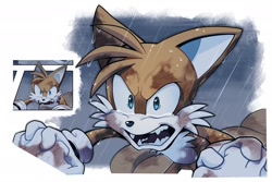 Size: 2048x1365 | Tagged: safe, artist:thatbirdguy_, miles "tails" prower, 2025, abstract background, angst, looking offscreen, mouth open, rain, redraw, solo, tears