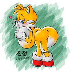 Size: 2000x2000 | Tagged: safe, artist:jocheong5, artist:造淸, miles "tails" prower, 2023, abstract background, bending over, blushing, blushing ears, butt, featureless butt, heart, looking at viewer, looking back, looking back at viewer, shooshing, signature, smile, solo, tail aside, wink