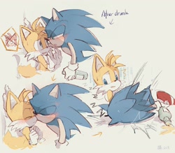 Size: 3264x2856 | Tagged: safe, artist:c52278, artist:狗不理栗子好吃吗, amy rose, miles "tails" prower, sonic the hedgehog, 2020, against wall, attempted kiss, blushing, drunk, duo, english text, eyes closed, falling, gay, grey background, lidded eyes, looking at each other, looking at them, shipping, simple background, sonic x tails, standing, sweatdrop