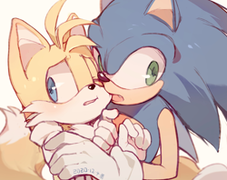 Size: 3264x2591 | Tagged: safe, artist:c52278, artist:狗不理栗子好吃吗, miles "tails" prower, sonic the hedgehog, 2020, attempted kiss, blushing, duo, gay, holding them, looking away, looking offscreen, mouth open, one eye closed, shipping, simple background, sonic x tails, white background