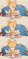 Size: 3525x7337 | Tagged: safe, artist:c52278, artist:狗不理栗子好吃吗, miles "tails" prower, sonic the hedgehog, 2020, beige background, blushing, classic sonic, comic, cute, eyes closed, frown, gay, heart, hugging, hugging from behind, lidded eyes, lying down, self paradox, shipping, simple background, smile, sonabetes, sonic x tails, tailabetes, trio