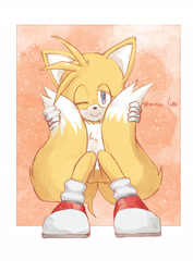 Size: 1447x2047 | Tagged: safe, artist:めるろって, miles "tails" prower, 2023, abstract background, chest fluff, cute, holding tail, looking at viewer, signature, sitting, smile, solo, tailabetes, wink