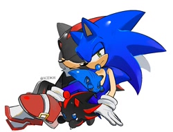 Size: 1214x926 | Tagged: safe, artist:acidki6, shadow the hedgehog, sonic the hedgehog, chao, 2025, character chao, eyes closed, frown, gay, group, lidded eyes, looking at viewer, shadow chao, shadow x sonic, shipping, signature, simple background, sitting, sonic chao, white background