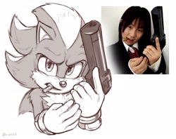 Size: 2048x1626 | Tagged: safe, artist:viasixx, shadow the hedgehog, sonic the hedgehog 3 (film), 2025, cheek fluff, cigarette, greyscale, gun, holding something, looking at viewer, monochrome, reference inset, signature, simple background, smoking, solo, white background